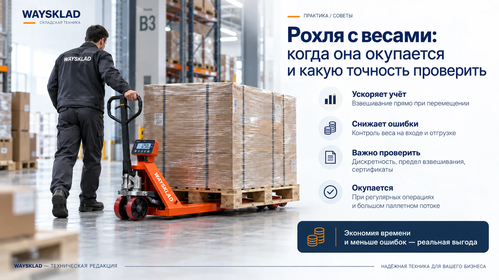 Оператор проверяет массу паллеты на гидравлической тележке с весовым терминалом