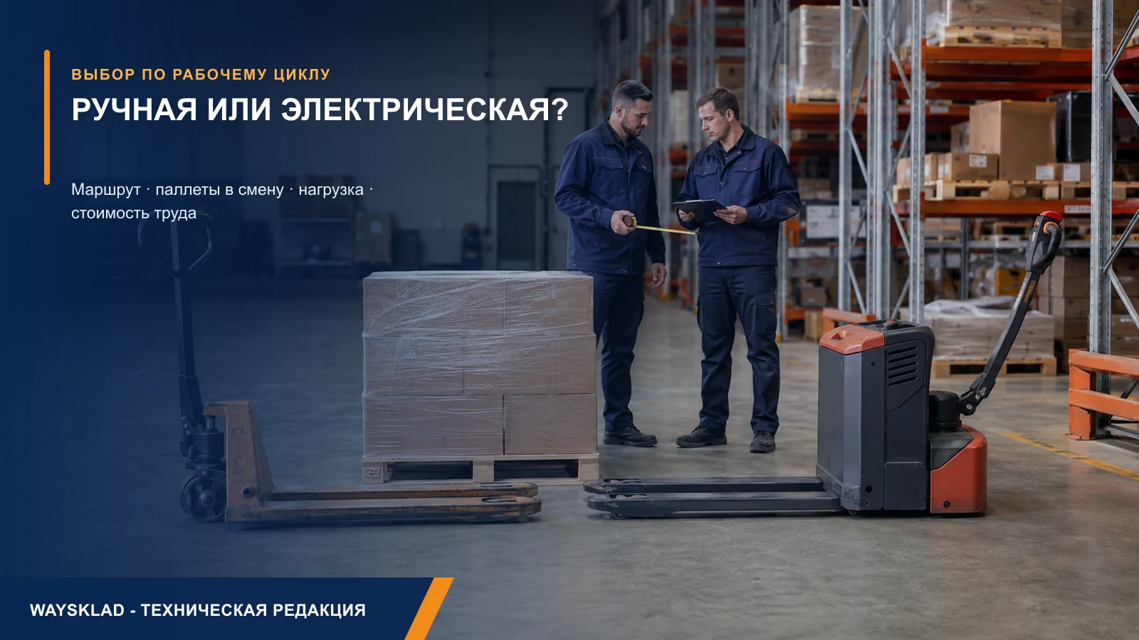 Сравнение ручной гидравлической и самоходной электрической тележек на одном складском маршруте